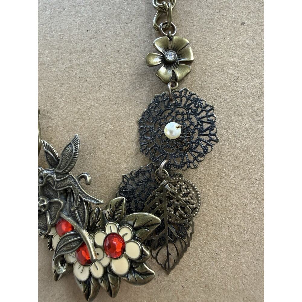 Vintage Statement Necklace Brass Tone Floral Bird Rhinestone Boho Bib Collage - Picture 10 of 10
